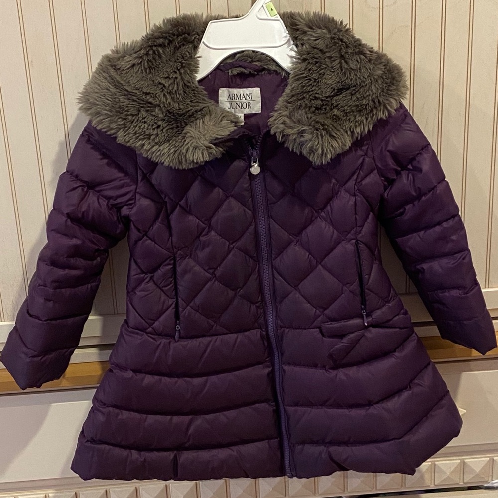 Girls Purple Armani Junior Fur Hood Coat, 4